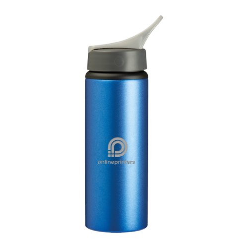 Blauwe metalen waterfles met drinkdop.