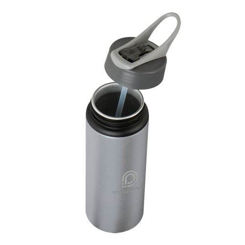 Grijze metalen waterfles met deksel en rietje.