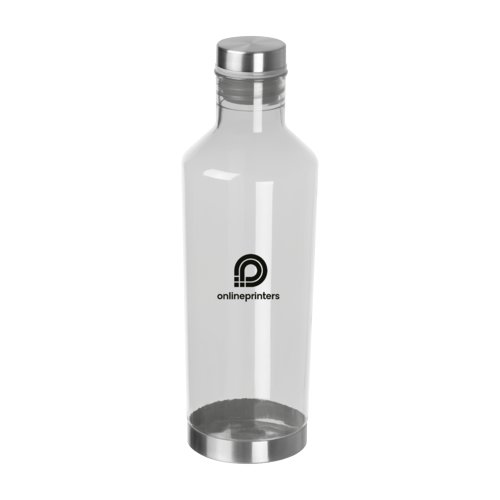 Transparante Tritan drinkfles met zilverkleurige deksel.