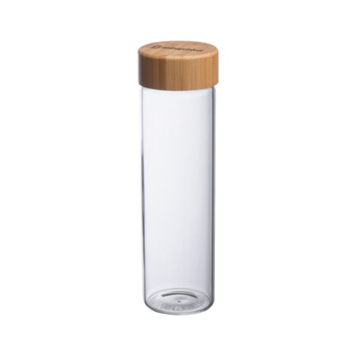 Transparante glazen fles met bamboe deksel.