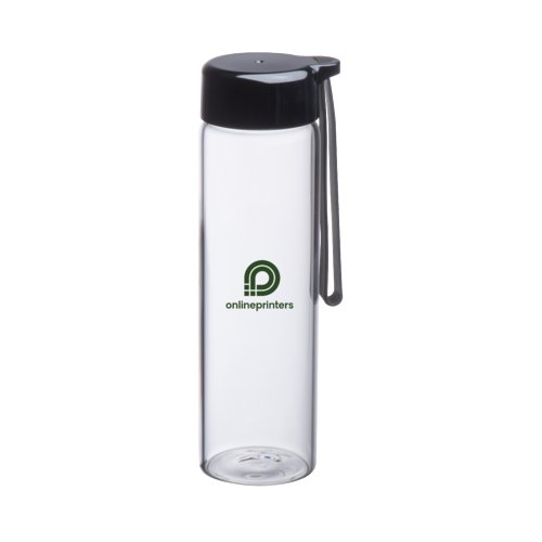 Glazen fles met zwarte PP deksel en draaglus.