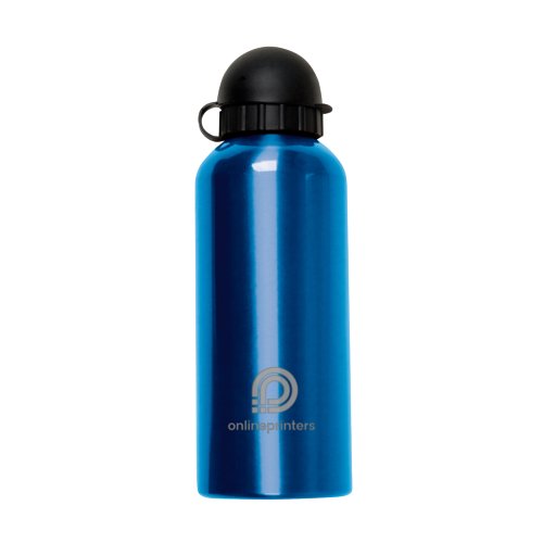 Blauwe metalen waterfles met zwarte dop.