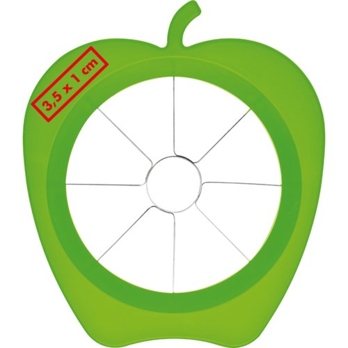 Groene plastic appelsnijder met roestvrijstalen messen.