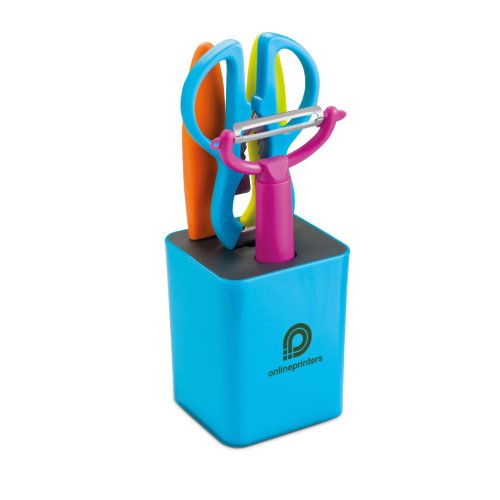 Multicolor keukenset met messen, schaar, dunschiller en container.