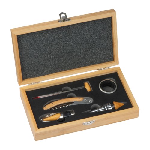 Bruine wijnset met accessoires in houten doos.