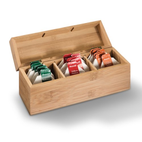 Houten theedoos met deksel en vakken.