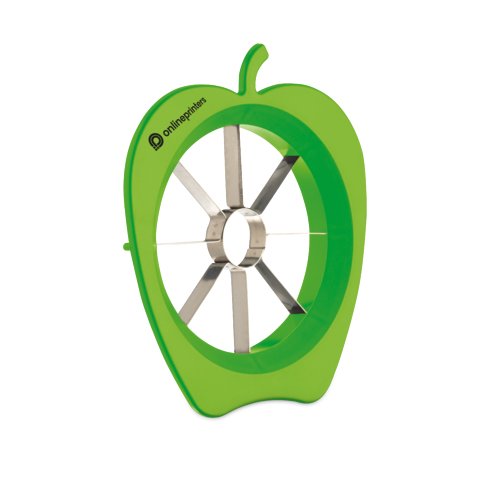 Groene plastic appelsnijder met roestvrijstalen messen.