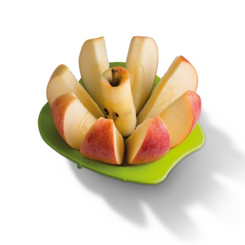 Appelgroene plastic appelsnijder met roestvrijstalen messen.
