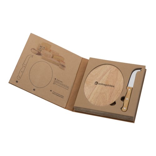 Houten kaasplank met mes en ronde vorm.