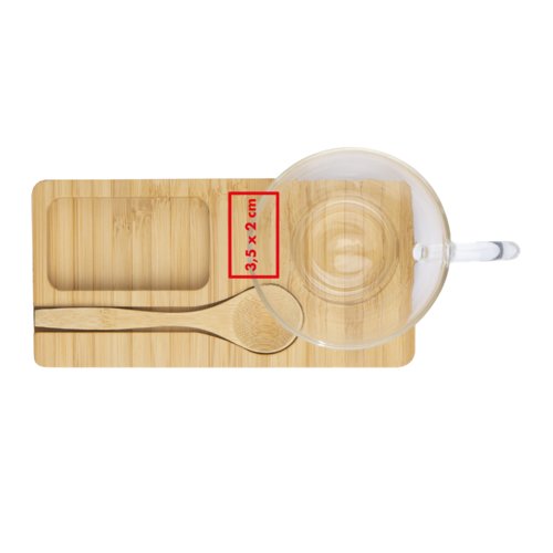 Houten serveerplank met uitsparingen voor kop en lepel.