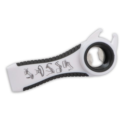 Witte plastic multi-opener met verschillende openingsfuncties.
