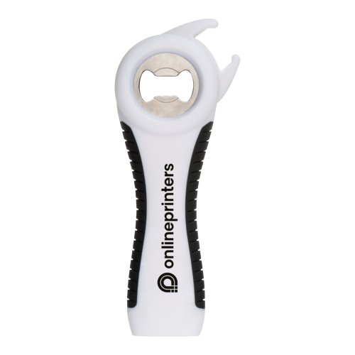 Witte kunststof multi-opener met metalen inzetstuk en antislip handvat.