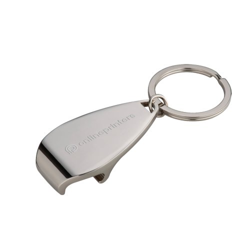 Zilverkleurige metalen flesopener met sleutelring.