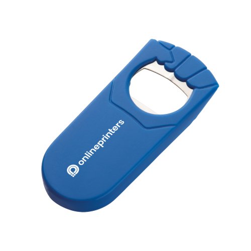 Blauwe plastic flesopener met metalen inzetstuk.
