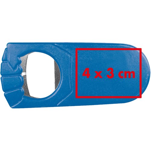 Blauwe plastic flessenopener met metalen inzetstuk.
