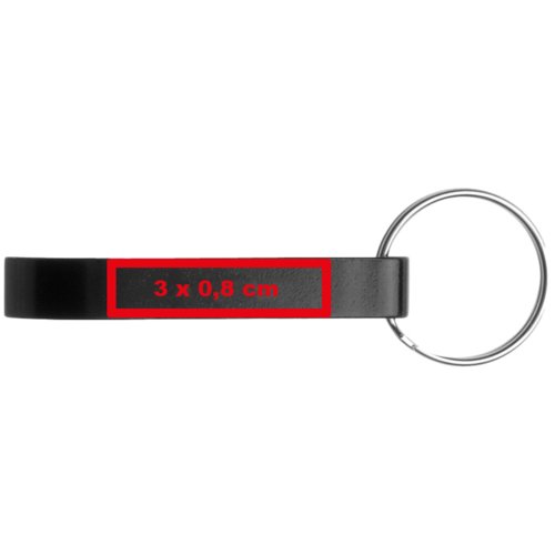 Zwarte metalen flessenopener met sleutelring.