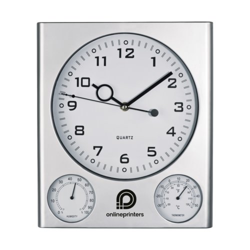 Zilveren kunststof wandklok met analoge display en thermometer/hygrometer.