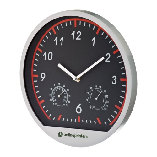 Wandklok met gentegreerde thermo- en hygrometer.