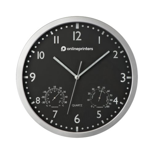 Zwarte wandklok met thermometer en hygrometer.
