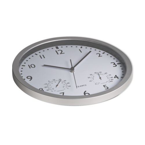 Witte wandklok met zilverkleurige rand en temperatuurweergave.