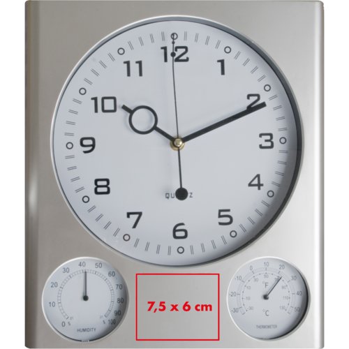 Zilverkleurige kunststof wandklok met thermometer en hygrometer.