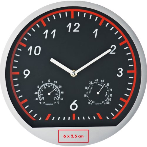 Zilveren wandklok met temperatuur- en vochtigheidsweergave.