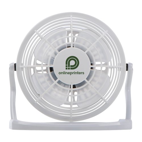 Witte plastic tafelventilator met beschermend rooster.