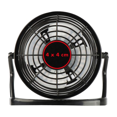 Zwarte tafelventilator met verstelbare hellingshoek.