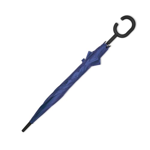 Blauwe paraplu met speciale handgreep.