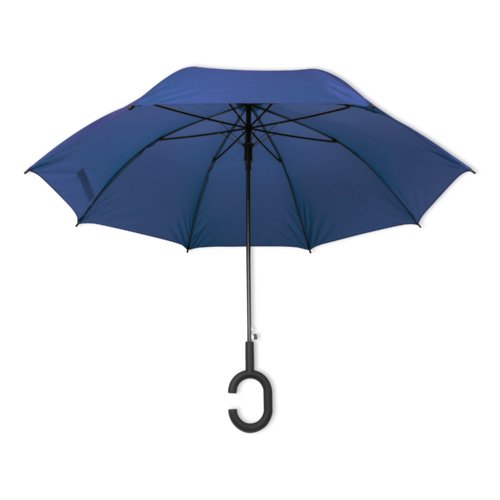 Blauwe paraplu met speciale handgreep.