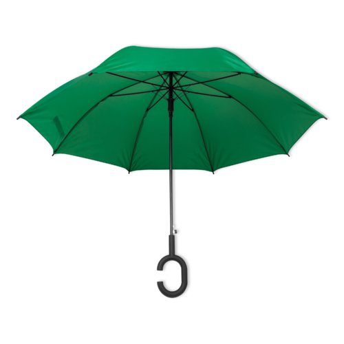 Groene paraplu met speciale handgreep.