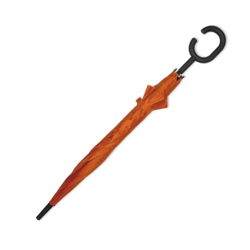 Oranje paraplu met speciale handgreep.
