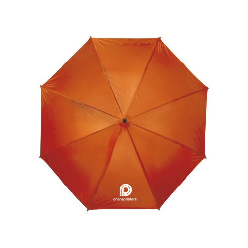 Oranje paraplu met een handmatig openingsmechanisme.