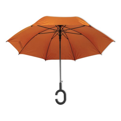 Oranje paraplu met speciale handgreep.