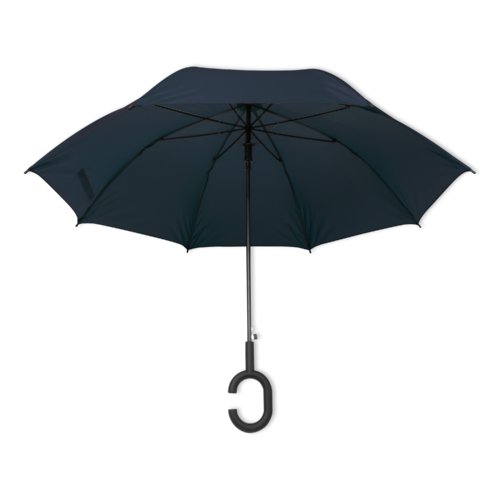 Donkerblauwe paraplu met speciale handgreep.