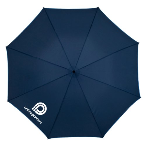 Blauwe automatische paraplu met patroon en comfortabel handvat.