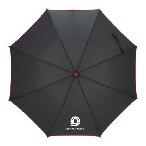 Roze automatische paraplu met hoes en handvat.