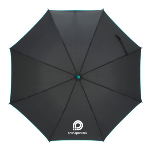 Turkooizen automatische paraplu met hoes en comfortabel handvat.