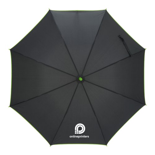 Appelgroene automatische paraplu met hoes en draagriem.