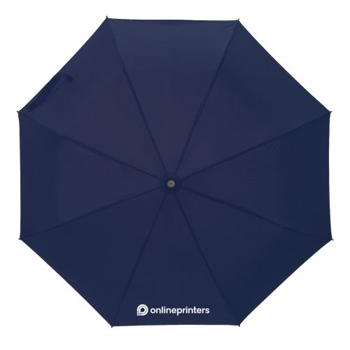 Donkerblauwe zakparaplu met hoes en handvat.