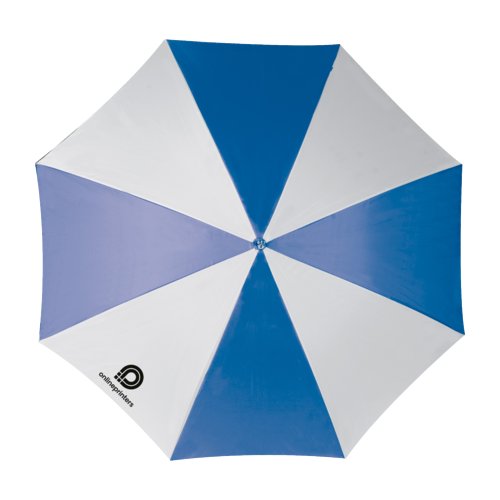 Blauwe automatische paraplu met grote diameter.