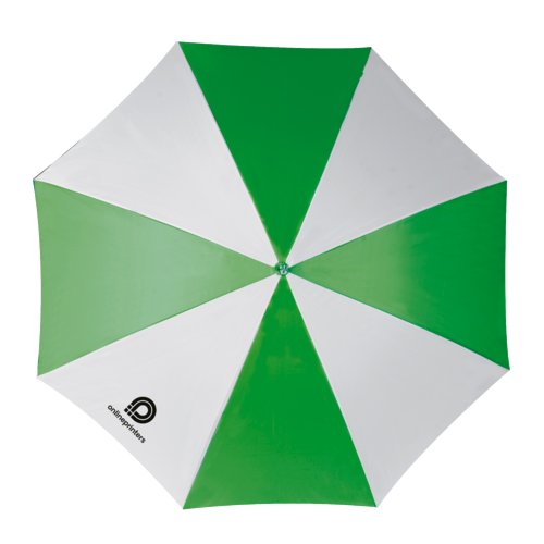 Groen-witte automatische paraplu met groot baldakijn.
