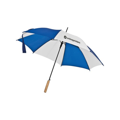 Blauwe automatische wandelparaplu met houten handvat.
