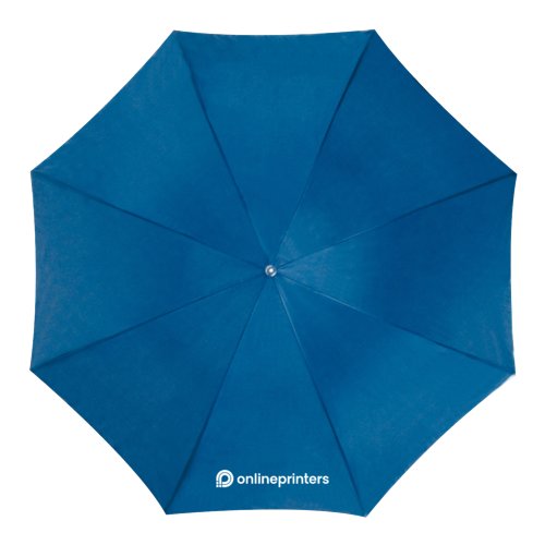 Blauwe automatische paraplu met hoes en handvat.