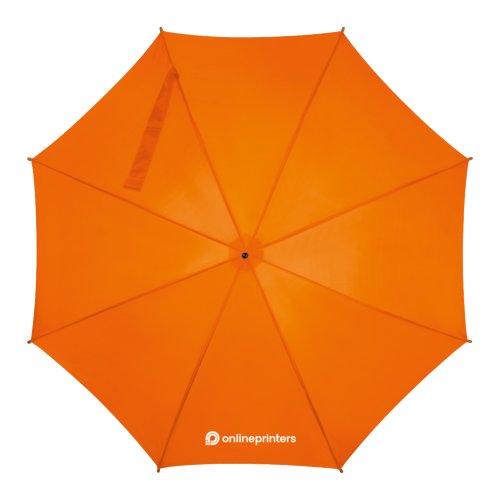 Oranje houten paraplu met automatische opening.
