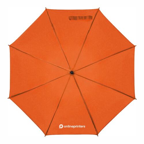 Oranje houten paraplu met automatische opening.