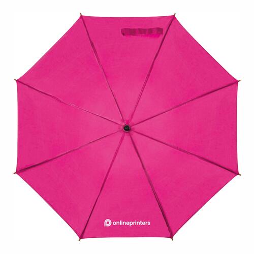 Roze automatische paraplu met houten handvat en bijpassende beschermhoes.