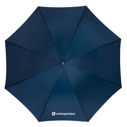 Donkerblauwe automatische paraplu met doek en handvat.