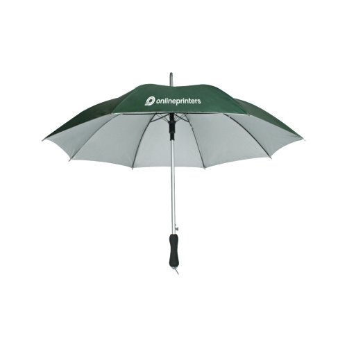 Groene automatische paraplu met grote diameter en stevige handgreep.