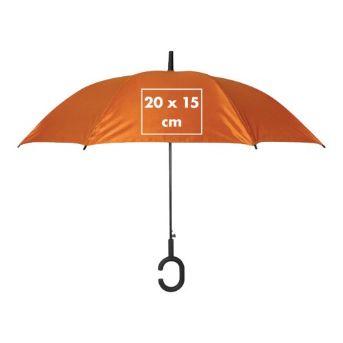Oranje paraplu met speciale handgreep.